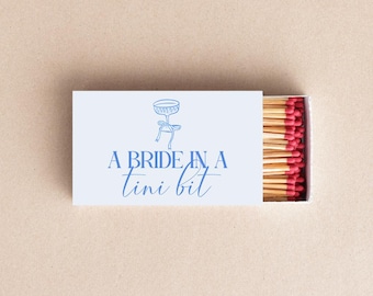 A Bride In A Tini Bit Matchboxes Custom Wedding Favor, Bachelorette Party Favor, Martini Theme, Blue & White Bridal Shower Decor