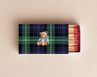 Teddy Bear Matchbox Custom Baby Shower Favor, Teddy Bear Party Decor, Personalized Baby Shower Matches, Plaid Matchboxes