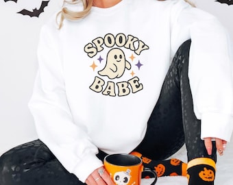 Spooky Babe Halloween Crewneck Sweatshirt Gildan G180 Cute Ghost Fall Sweater Cozy Spooky Season Pullover Girly Halloween Shirt