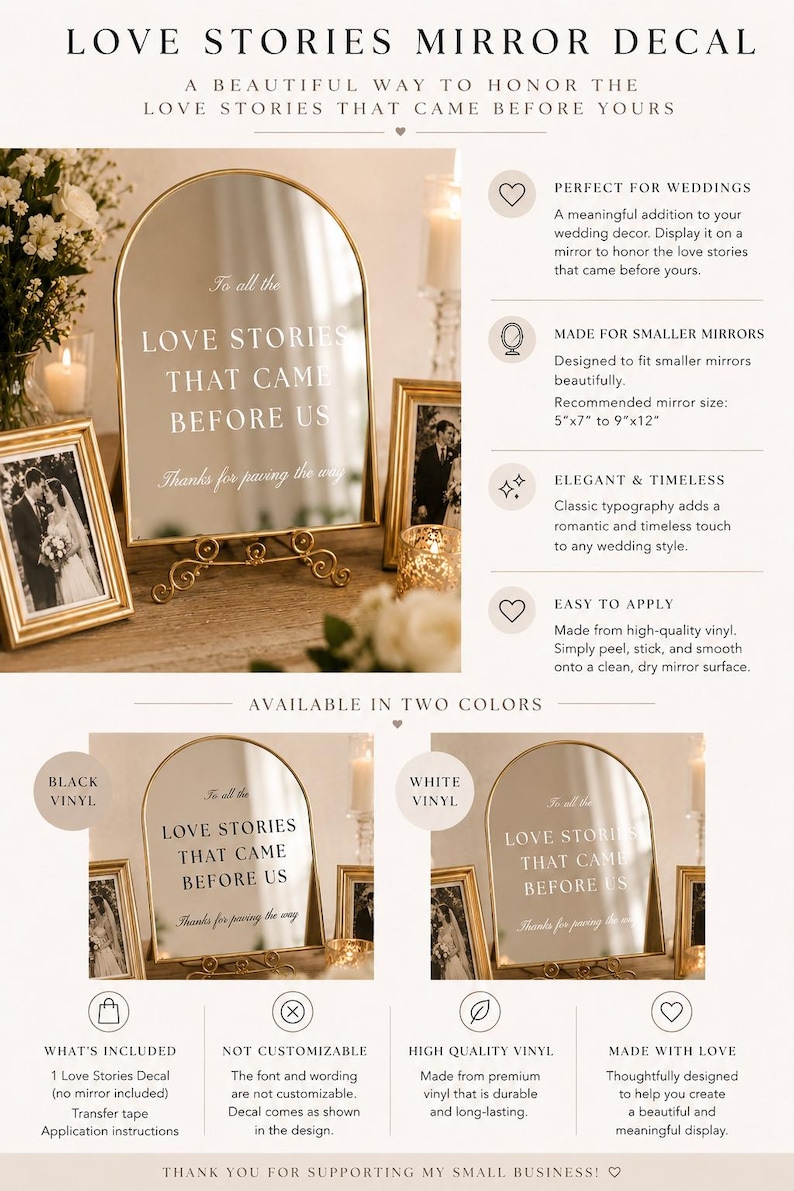 To All The Love Stories That Came Before Us Mirror Decal Wedding Mirror Sticker Vintage Wedding Decor Bridal Table Sign Memorial Mirror