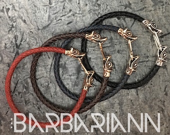 Geri and Freki bracelet - hand carved wolf head bracelet - bronze and leather Viking bracelet