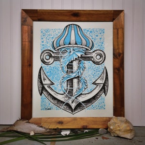 Jellyfish, Anchor Nautical Art Print. Beach Ocean Screen Print Decoration image 1