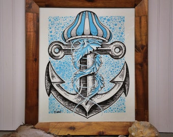 Jellyfish, Anchor Nautical Art Print. Beach Ocean Screen Print Decoration
