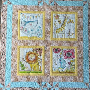Zoo Animals Baby Quilt: Handmade Crib Blanket, Nursery Decor (39” x 41”), neutral color baby quilt, handmade quilt for sale