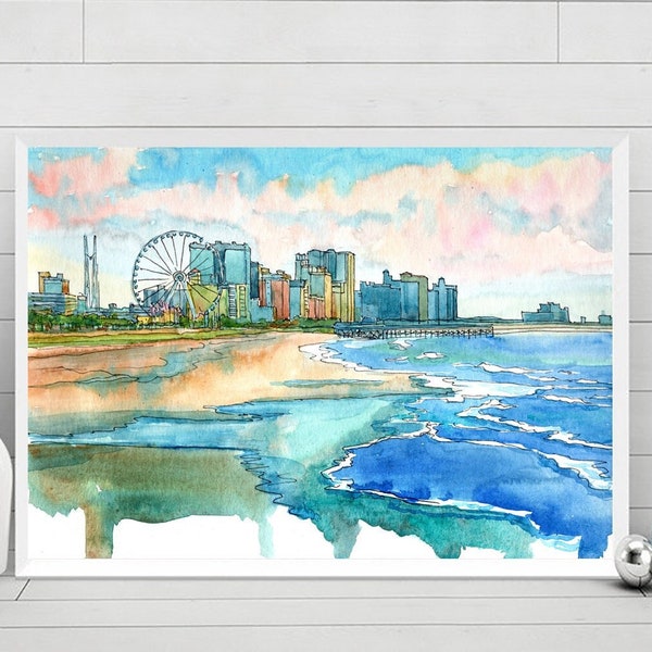 Myrtle Beach, South Carolina City Print Beach Wall Art  Watercolor Painting, SC Landscape, Coastal Travel Poster