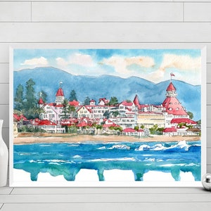 Coronado Print Beach Wall Art  Watercolor Painting, California Landscape, Hotel del Coronado island Coastal Travel Poster