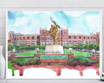 Florida state University Stadium Watercolor Print,  Fsu wall art, Doak Campbell Stadium, Florida state Seminoles Decor