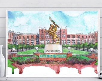 Florida state University Stadium Aquarel Print, Fsu kunst aan de muur, Doak Campbell Stadium, Florida staat Seminoles Decor