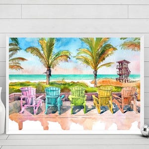Anna Maria Island FL Arte Acquerello Dipinto Florida Paesaggio Stampa, AMI Bay Seascape, Surfing Coast Poster