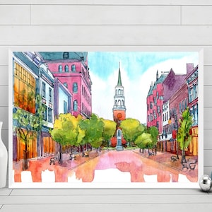 Burlington Vermont Wydrukuj Akwarela Malarstwo, Church Street Cityscape Plakat Podróżniczy, Сotystyczna sztuka wydruk