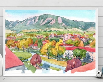 University of Colorado Boulder Art, CU Boulder Wall Art -  Skyline Watercolor Painting , graduation print