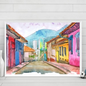 Bogota Art, South America City Skyline -  Colombia Art Print Watercolor painting - La Candelaria Travel Poster, cityscape by Valentina Ra