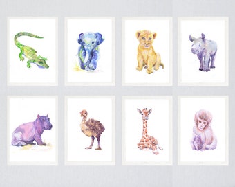 Baby Animals Nursery Set of 8 prints, Watercolor painting, Boy Girl Safari Nursery Decor,Art Watercolour Print, Nursery Prints,Jungle Animal