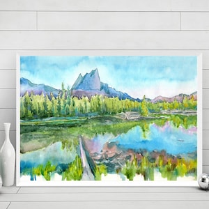 Sawtooth ridge Idaho Art Print, Alice Lake Watercolor Landscape Painting, Mountain wall art, Sawtooth National forest Travel Poster