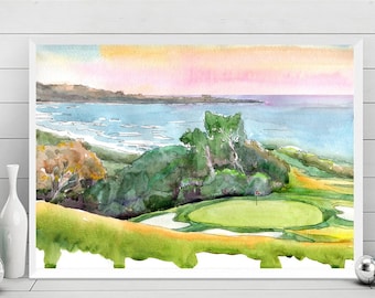 May include: Watercolor painting of a golf course with a green putting green and a flag in the distance. The course is situated on a cliff overlooking a blue ocean with white waves. The sky is a soft pink and orange.