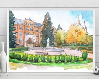 Gonzaga University Art, Watercolor Painting Spokane, Washington print, Gonzaga College City skyline