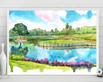 May include: Watercolor painting of a golf course with a pond, green grass, trees, and a blue sky with white clouds. The pond has a wooden bridge and a small island with a tree in the center. There are pink flowers in the foreground.