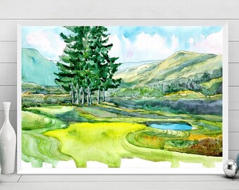 Gleneagles Golf Art Print Watercolor Painting, Scotland  PGA centenary Course Landscape