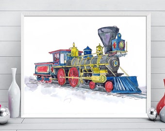 Train Wall Art, Steam Locomotive Nursery Art Print, Transport, véhicule d’époque, Aquarelle - Salle de jeux, Décor de chambre de garçon pour tout-petits