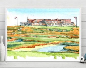 Shinnecock Hills Golf Print Watercolor Painting, Golf gifts for men,  Southampton Long Island, New York, Wall Art Travel Poster