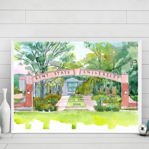 Impresión artística de la Universidad Estatal de Kent, póster de acuarela de graduación de KSU, arte mural de Kent, Ohio