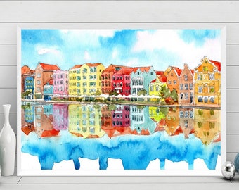Stampa artistica di Curaçao, dipinto caraibico, Willemstad, Curacao, spiaggia, acquerello, paesaggio, poster di viaggio costiero con paesaggio marino di Valentina Ra