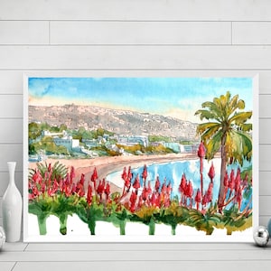 Laguna beach CA Art Watercolor Painting, California  Landscape Print, Beach Wall Art, Coastal Travel Poster
