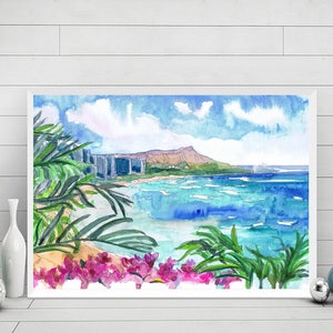 Honolulu - Hawaii Wall Art Print - Coastal Watercolor Beach Painting, Travel Poster, City Art