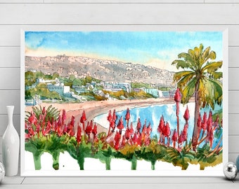 Laguna beach Art Print California Watercolor Landscape Painting, Beach Wall Art, Coastal Travel Poster