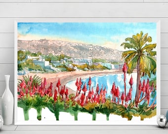 Laguna beach CA Watercolor Painting, California Landscape Print, Beach Wall Art Poster