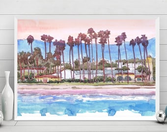 Pintura de Santa Bárbara, California, playa, arte de pared, impresión, acuarela, paisaje, póster de viaje