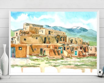 Taos, New Mexico Art Print City Skyline Watercolor Painting, Taos NM poster  Landscape Wall Art,  Cityscape print by Valentina Ra