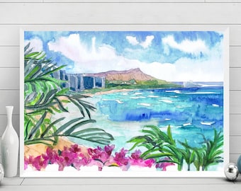 Honolulu - Hawaii Wall Art Print - Coastal Watercolor Beach Painting, Travel Poster, City Art