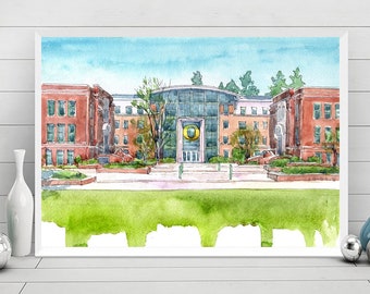 Impresión artística de la Universidad de Oregón, póster de acuarela de graduación de la UO, Eugene, Oregón, arte mural del complejo Lillis