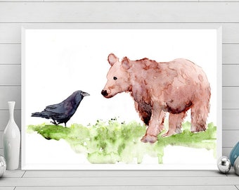 Bear and Raven Art Print Watercolor, Spirit animal painting Art work, Bear and Crow art print Bird  illustration water color by Valentina Ra