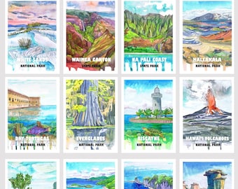 National parks Postcard Set -  12 Postcrossing Art Post cards Lot, Hawaii Watercolor Prints Pack by Valentina Ra