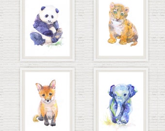 Boy Nursery Decor Art Set of 4 Prints Watercolor Painting  Baby Animals Creatures  Neutral Nursery Prints Wall art