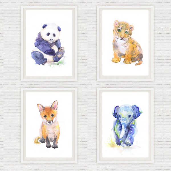 Boy Nursery Decor Art Set of 4 Prints Watercolor Painting  Baby Animals Creatures  Neutral Nursery Prints Wall art