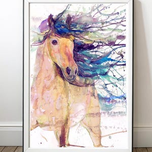 Lámina artística de caballos, pintura en acuarela, obra de arte ecuestre abstracta.