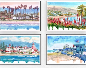 California set of 4 Print Beach Wall Art  Coastal Watercolor Painting Landscape: Santa Barbara, Laguna beach, Santa Monica, Coronado Poster