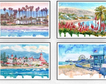 Conjunto de 4 impresiones de arte californiano a partir de una acuarela original de un paisaje playero.