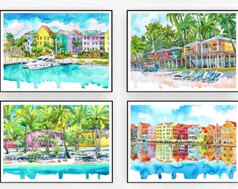 Caribbean Art Print set of 4  Painting, Palm tree Beach Wall Art Watercolor Landscape, Bahamas Seascape Islands Coastal Travel Poster