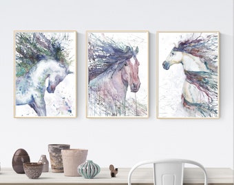 Horse Print Set of 3 piece Wall Art, Horse Watercolor painting gallery wall set of 3 prints, Equine Equestrian water color prints