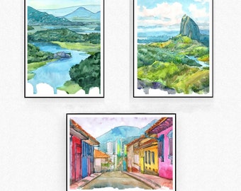 Colombia Art, Set of 3 prints Watercolor landscape Painting, Bogota, Guatape, Amazonia wall art, South America Travel poster