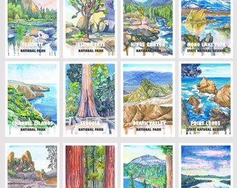 National parks Postcard Set -  12 Postcrossing Art Post cards Lot, California Watercolor Prints Pack by Valentina Ra