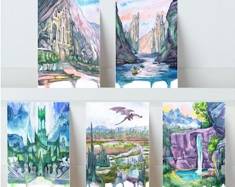 Fantasy Landscape Watercolor Notecards: Middle Earth Art Card Set