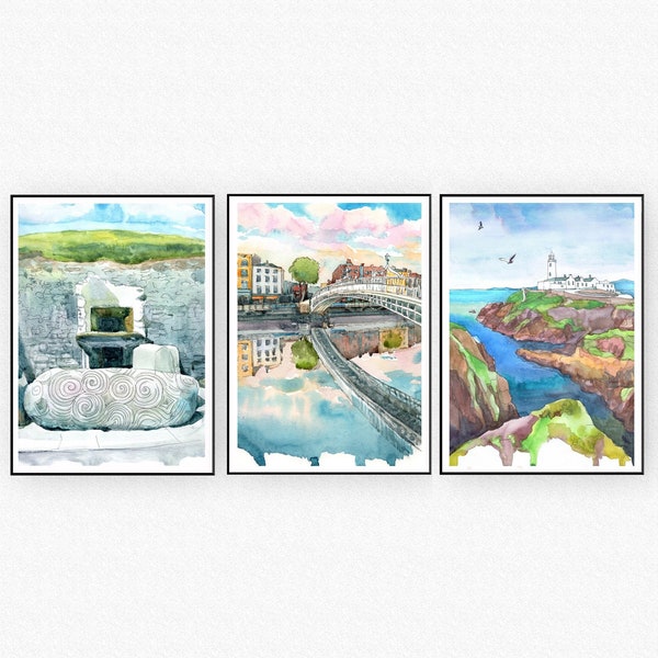 Ireland Art prints set of 3  Irish wall art  Watercolor Painting Landscape: Dublin, Cliffs of moher - Travel poster European city print