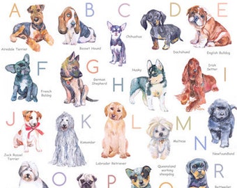 Dog Alphabet poster ABC Animals Watercolor Alphabet Nursery Art, Playroom, Kids room Decor Classroom posters