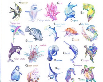Sea creatures Alphabet poster ABC Animals Watercolor Alphabet Nursery Art, Playroom, Kids room Decor