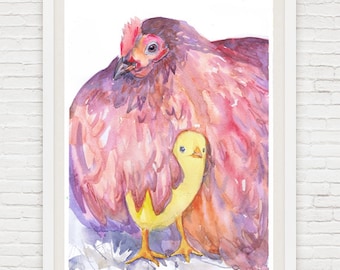 Chicken Mom Art, Watercolor Painting print , nursery farm animals